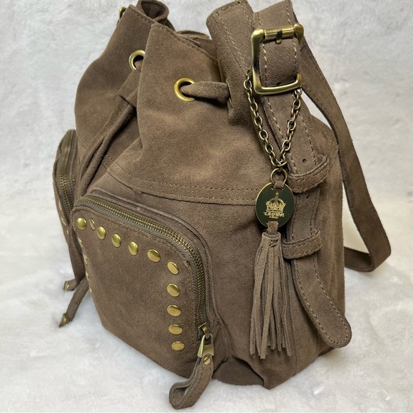 Crown Vintage Suede Drawstring Satchel Handbag. Brown with Gold Stud Accents - Picture 6 of 15